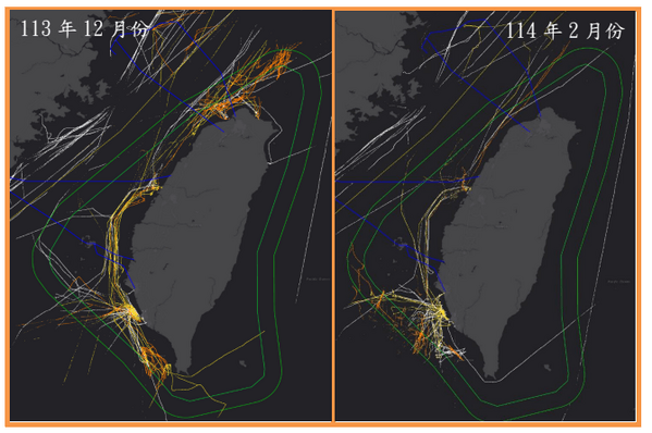 白色軌跡：無威脅、黃色軌跡：低威脅、橘色軌跡：中威脅、紅色軌跡：高威脅，黑名單船舶活動已大幅減少，北部已無高威脅船舶滯留情形。